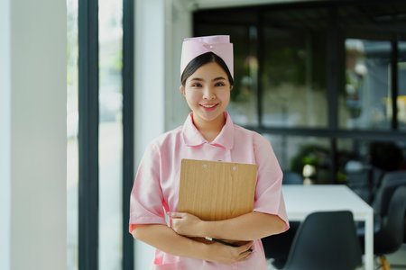 Portrait of a young nurse in a pink dress smiling happily.の写真素材