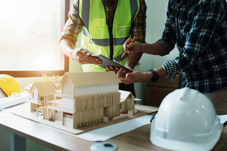 Engineers are consulting the team to design an architectural structure for clients with blueprints and building models to work at office.の写真素材