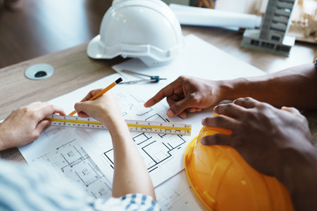 Engineers are consulting the team to design an architectural structure for clients with blueprints and building models to work at office.の写真素材