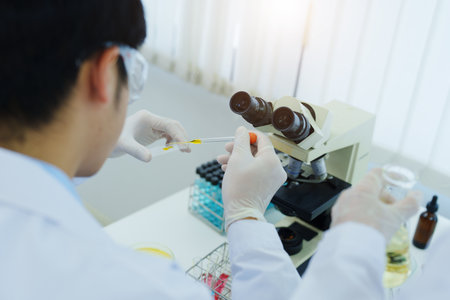 medical research laboratories, scientists analyze chemical samples Discuss technological innovations. Advanced scientific laboratories for medicine, biotechnologyの写真素材