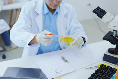 medical research laboratories, scientists analyze chemical samples Discuss technological innovations. Advanced scientific laboratories for medicine, biotechnologyの写真素材