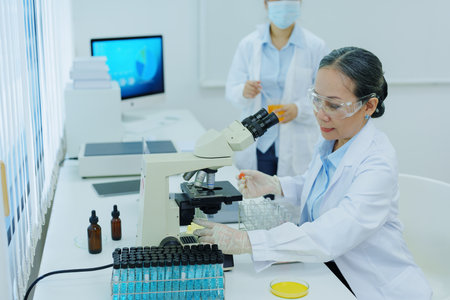 medical research laboratories, scientists analyze chemical samples Discuss technological...