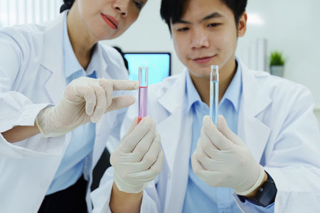 medical research laboratories, scientists Failed research chemical samples Discuss technological innovations. Advanced scientific laboratories for medicine, biotechnologyの写真素材