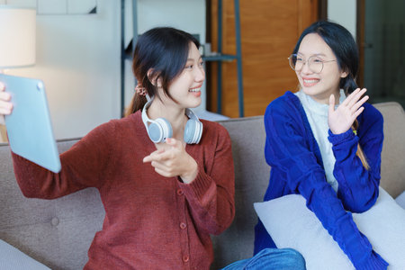 lgbtq, lgbt concept, homosexuality, portrait of two asian women enjoying together and showing love...