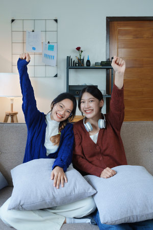 lgbtq, lgbt concept, homosexuality, portrait of two Asian women posing happy together and showing love for each other while being together.の写真素材