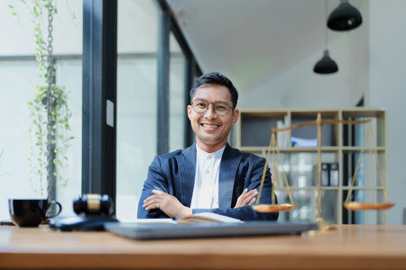 Portrait of a Asian man lawyer studying a lawsuit for a client before going to court.