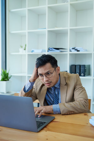 Portrait of sme business owner, man using computer and financial statements Anxious expression on...