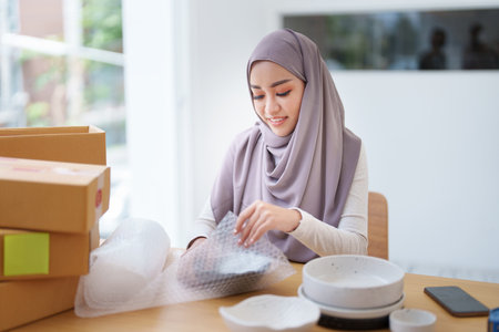 Beautiful Muslim woman selling online at home, business owner, business sme concepts.の写真素材