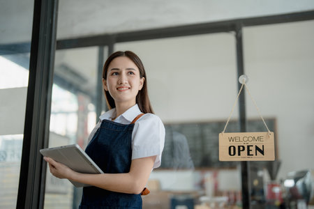 Startup successful small business owner sme beauty girl stand with tablet in coffee shop restaurant,...