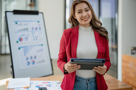 portrait of Beautiful young asian businesswoman presents business profits to colleagues at meeting, explaining business turn over on flipchart to coworkers in office with using tablet.の写真素材