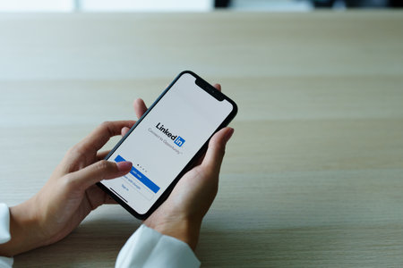 CHIANG MAI, THAILAND - Sep 08, 2022 - Telegram application icon on Apple iPhone Xs screen close-up. Telegram app icon. Telegram is an online social media network. Social media app.のeditorial素材