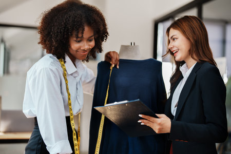 Multi ethnic young teen african american and asian woman fashion designer stylish and friend working at fashion Business studio.の写真素材