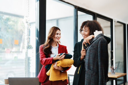 Multi ethnic young teen african american and asian woman fashion designer stylish and friend working at fashion Business studio.の写真素材
