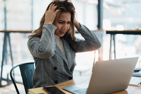 Portrait of business owner, woman using computer and financial statements Anxious expression on expanding the market to increase the ability to invest in business.の写真素材