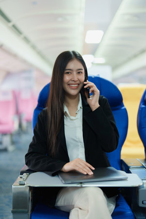 Asian business woman passenger sitting on business class luxury plane while working using smart phone mobile talking and use laptop computer with simulated space using on board wireless connectionの写真素材
