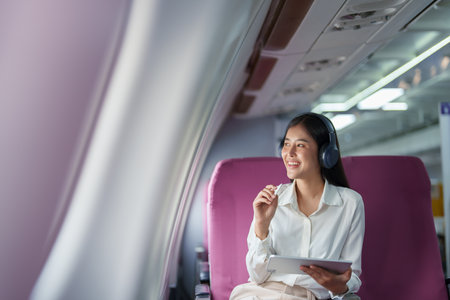Young Asian attractive business woman passenger sitting on business class luxury plane while wearing wireless headphone for relax and working with tablet during the flight.の写真素材