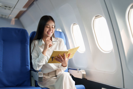 Asian business woman passenger sitting on business class luxury plane while working using notebook book while travel concept.の写真素材