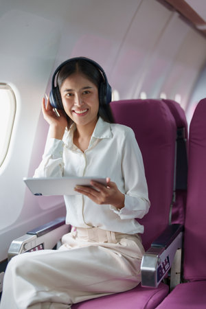Young Asian attractive business woman passenger sitting on business class luxury plane while wearing wireless headphone for relax and working with tablet during the flight.の写真素材