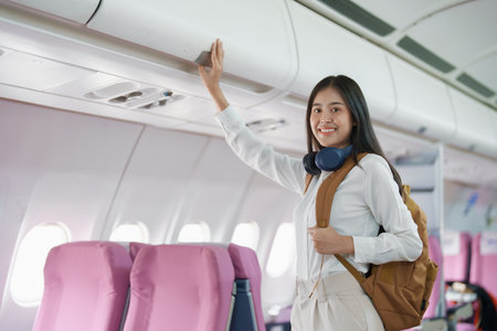 Young asian attractive woman travel by airplane, Passenger wearing headphone putting hand baggage in lockers above seats of plane.の写真素材