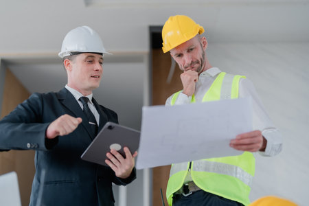 multi ethnic engineer brainstorming and measuring for cost estimating on blueprint and floor plan drawings about design architectural and engineering for houses and buildings.の写真素材