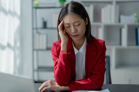 Portrait of a young Asian woman showing acute headache from sitting for a long time at workの写真素材