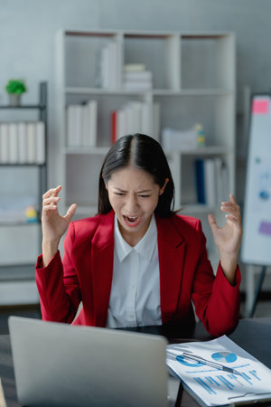 Portrait of business owner, woman using computer and financial statements Anxious expression on expanding the market to increase the ability to invest in business.の写真素材