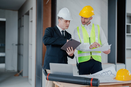 multi ethnic engineer brainstorming and measuring for cost estimating on blueprint and floor plan drawings about design architectural and engineering for houses and buildings.の写真素材