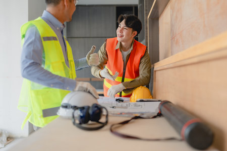 multi ethnic engineer brainstorming and measuring for cost estimating on blueprint and floor plan drawings about design architectural and engineering for houses and buildings.の写真素材
