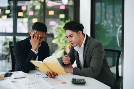 Burnout, stress and business man overworked from too much, work overload and pressure marketing corporate company. Time management, frustrated and tired employeeの写真素材