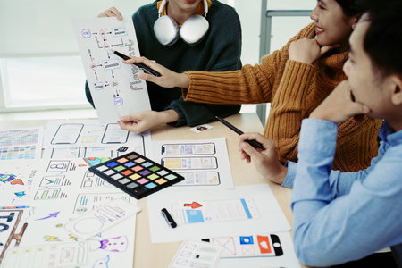 Team of Creative Web, Graphic Designer planning, drawing website ux ui app for mobile phone...