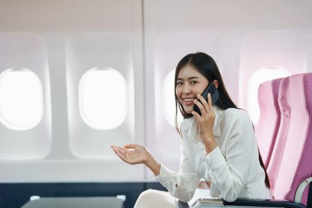Asian business woman passenger sitting on business class luxury plane while working using smart phone mobile talking or video conference and travel concept.の写真素材