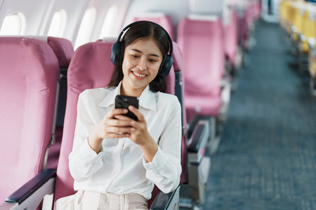 Young Asian attractive business woman passenger sitting on business class luxury plane while wearing...