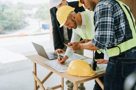 multi ethnic engineer brainstorming and measuring for cost estimating on blueprint and floor plan...