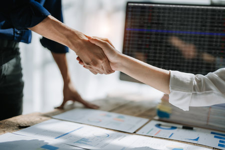 Handshake, contract deal and business partnership of meeting with shaking hands. Networking, hiring and professional negotiation of onboarding collaboration and congratulations of project.の写真素材