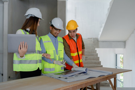 multi ethnic engineer brainstorming and measuring for cost estimating on paperworks and floor plan drawings about design architectural and engineering for houses and buildings.の写真素材