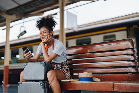 Asian teenage girl african american traveling using smartphone moblie while waiting for a train at a stationの写真素材