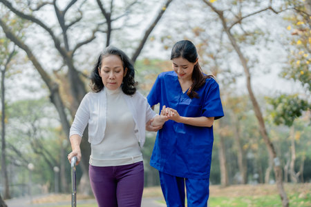 woman physiotherapist is holding a female elderly patient walking in a park to strengthen her leg musclesの写真素材