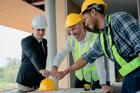 multi ethnic engineer brainstorming with deal and measuring for cost estimating on paperworks and...