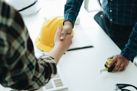 Engineers, designers and interior designers are handshake shack hands deal finalizing the design of...