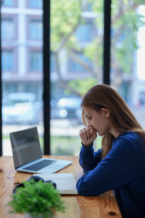 burnout, worried,serious latin girl college student watching distance online learning class,...