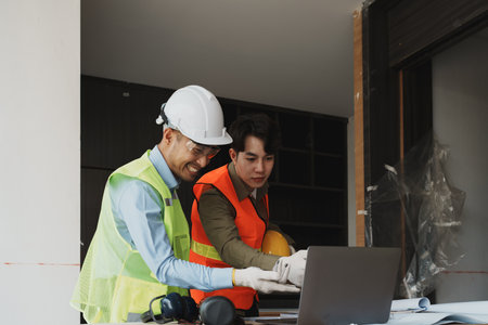 multi ethnic engineer brainstorming and measuring for cost estimating on blueprint and floor plan...