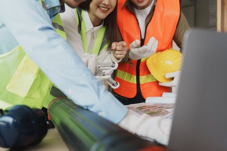 multi ethnic engineer brainstorming and measuring for cost estimating on paperworks and floor plan drawings about design architectural and engineering for houses and buildings.の写真素材