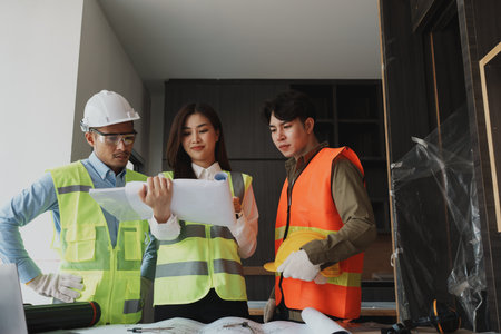 multi ethnic engineer brainstorming and measuring for cost estimating on paperworks and floor plan drawings about design architectural and engineering for houses and buildings.の写真素材