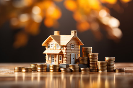 Wood House with stacks of coins and a rising curve symbolizing rising real estate prices, saving, profit and growth conceptsの素材
