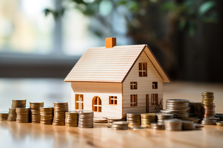 Wood House with stacks of coins and a rising curve symbolizing rising real estate prices, saving, profit and growth conceptsの素材