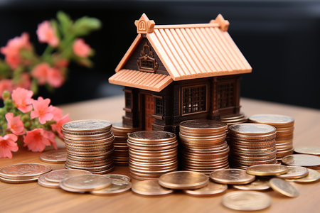 Wood House with stacks of coins and a rising curve symbolizing rising real estate prices, saving, profit and growth conceptsの素材