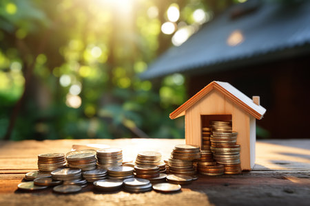 Wood House with stacks of coins and a rising curve symbolizing rising real estate prices, saving, profit and growth conceptsの素材