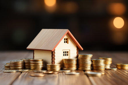 Wood House with stacks of coins and a rising curve symbolizing rising real estate prices, saving, profit and growth conceptsの素材