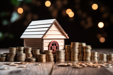 Wood House with stacks of coins and a rising curve symbolizing rising real estate prices, saving, profit and growth conceptsの素材