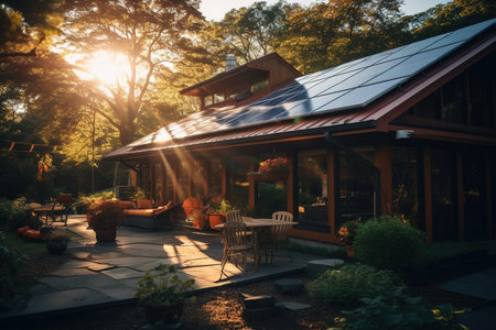 morning light with roof with solar cells.の素材